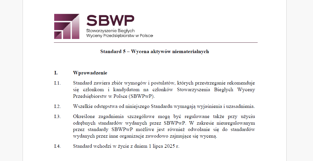 Przyjęcie kolejnego standardu wyceny SBWPwP!